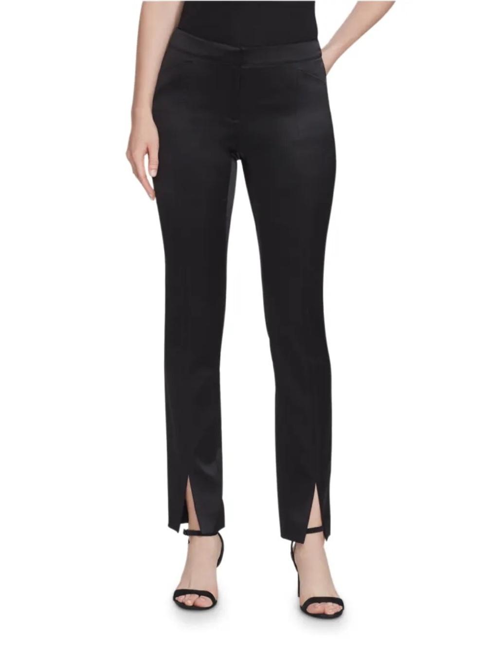 Lafayette 148 New York Black Waldorf Slim Reverie Satin Slit Hem Pants Size 10